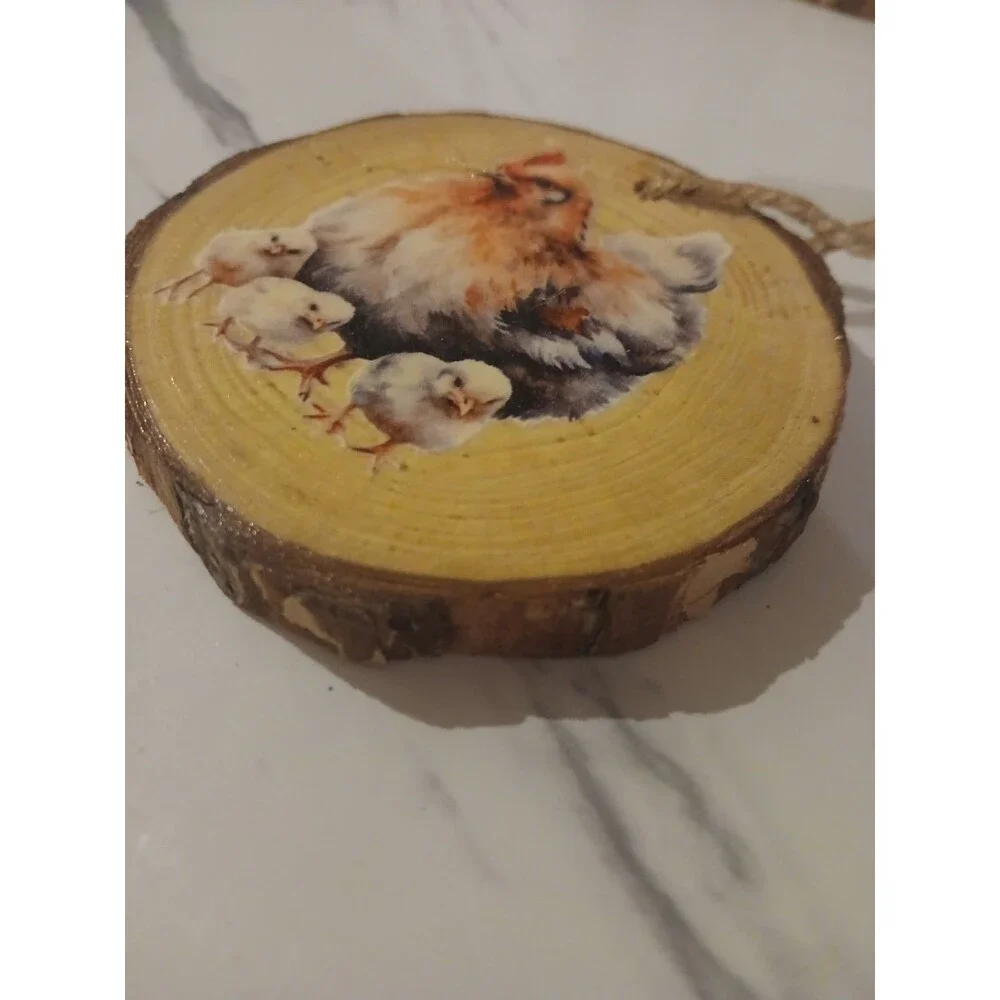 Handmade Woodslice Chicken Ornaments Primitive Cottage Rustic Holiday Gift